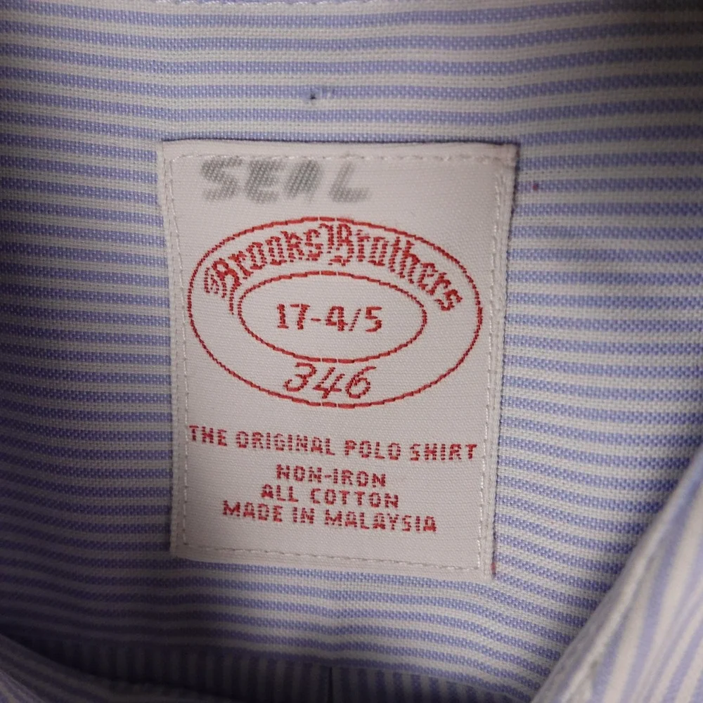 Brooks Brothers 346 Men 17-4/5 Non-Iron Blue White Striped Button Up Dress Shirt